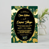 エレガント緑の金ゴールド幾何学的フレ葉ーム 箔招待状 (立ち正面)