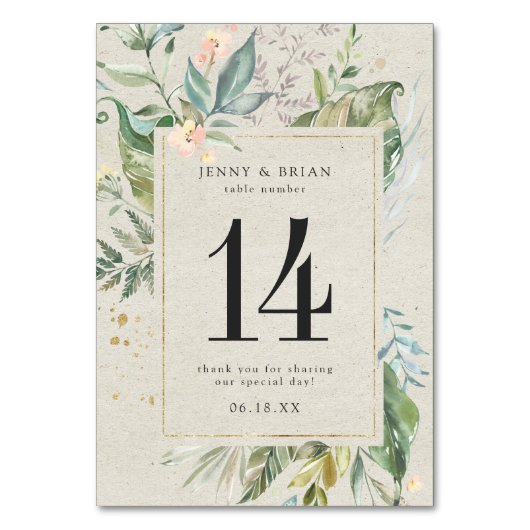 エレガント緑の金ゴールド結婚のテーブル番号 テーブルナンバー (正面)