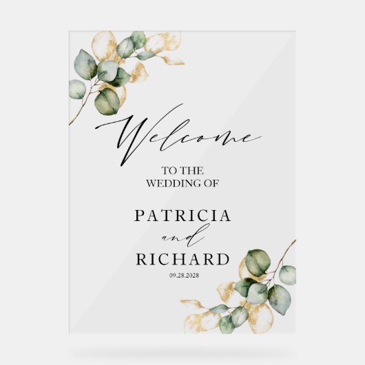 エレガント緑の金ゴールド結婚の歓迎サイン アクリルサイン (正面)