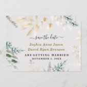 エレガント緑の金ゴールド葉の結婚書道 セーブザデート (正面/裏面)