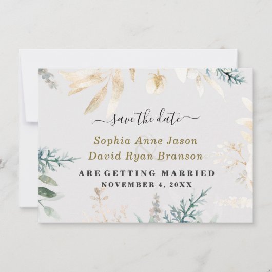 エレガント緑の金ゴールド葉の結婚書道 セーブザデート (正面)