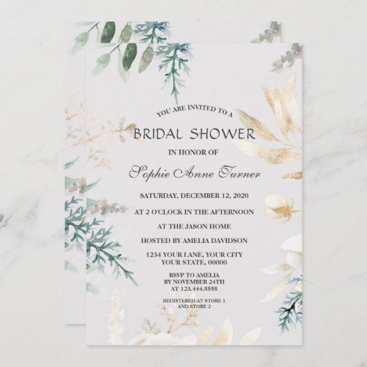 エレガント緑の金ゴールド葉ブライダルシャワー 招待状 (正面/裏面)