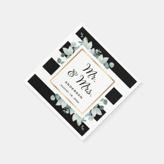 エレガント緑の黒と白結婚の スタンダードカクテルナプキン (角)
