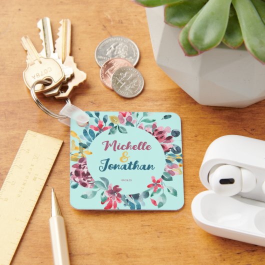 エレガント緑カラフル水色フローラ結婚 キーホルダー (デスク)