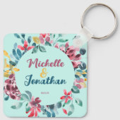 エレガント緑カラフル水色フローラ結婚 キーホルダー (裏面)