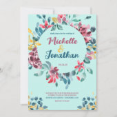 エレガント緑カラフル水色フローラ結婚 招待状 (正面)
