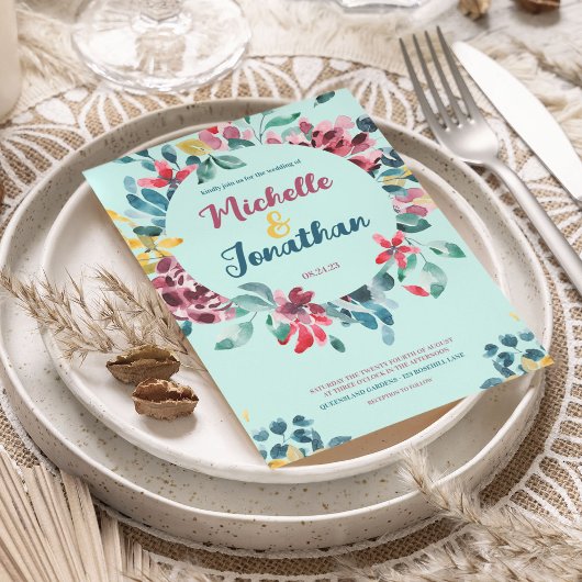 エレガント緑カラフル水色フローラ結婚 招待状