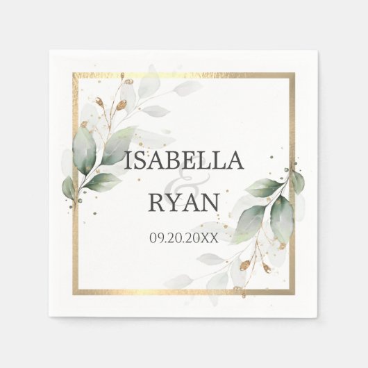 エレガント緑葉金ゴールド結婚ズ スタンダードカクテルナプキン (正面)