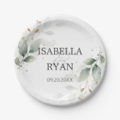 エレガント緑葉金ゴールド結婚ズ ペーパープレート (正面)