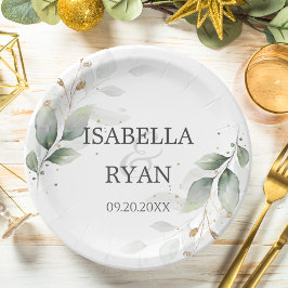エレガント緑葉金ゴールド結婚ズ ペーパープレート