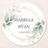 エレガント緑葉金ゴールド結婚ズ ラウンドペーパーコースター (正面)