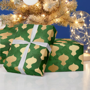 エレガント緑金ゴールドクリスマスオーナメントパターン ラッピングペーパー