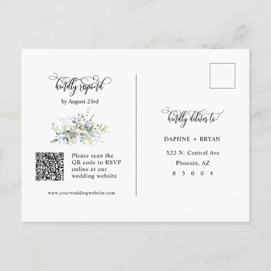 エレガント緑離れQRコード差出人住所RSVP ポストカード (裏面)