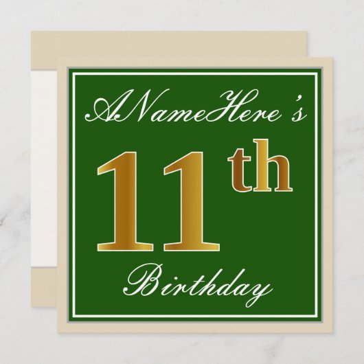 エレガント緑、フェイク金ゴールド11番目の誕生日+名前 招待状 (正面/裏面)
