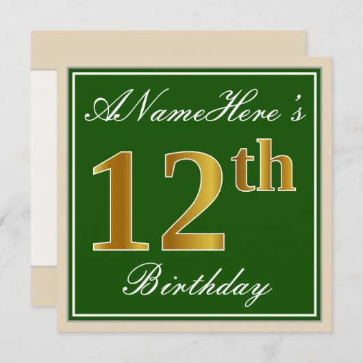 エレガント緑、フェイク金ゴールド12番目の誕生日+名前 招待状 (正面/裏面)