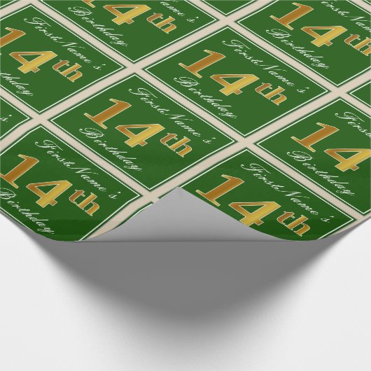 エレガント緑、フェイク金ゴールド14番目の誕生日+名前 ラッピングペーパー (角)