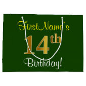 エレガント緑、フェイク金ゴールド14番目の誕生日+名前 ラージペーパーバッグ (裏面)