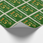 エレガント緑、フェイク金ゴールド15番目の誕生日+名前 ラッピングペーパー (角)