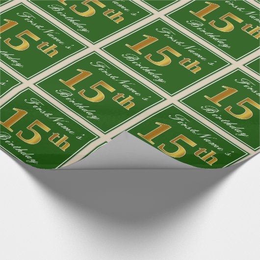 エレガント緑、フェイク金ゴールド15番目の誕生日+名前 ラッピングペーパー (角)