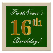 エレガント緑、フェイク金ゴールド16番目の誕生日+名前 ポスター (正面)