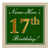 エレガント緑、フェイク金ゴールド17番目の誕生日+名前 ポスター (正面)