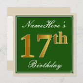 エレガント緑、フェイク金ゴールド17番目の誕生日+名前 招待状 (正面/裏面)