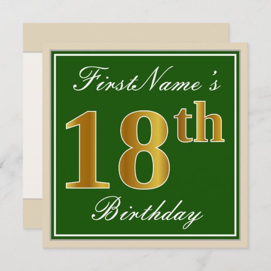 エレガント緑、フェイク金ゴールド18番目の誕生日+名前 招待状 (正面/裏面)