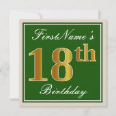 エレガント緑、フェイク金ゴールド18番目の誕生日+名前 招待状 (正面)
