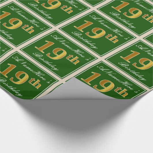 エレガント緑、フェイク金ゴールド19番目の誕生日+名前 ラッピングペーパー (角)