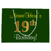 エレガント緑、フェイク金ゴールド19番目の誕生日+名前 ラージペーパーバッグ (裏面)