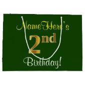 エレガント緑、フェイク金ゴールド2回目の誕生日+名前 ラージペーパーバッグ (裏面)