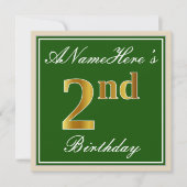 エレガント緑、フェイク金ゴールド2回目の誕生日+名前 招待状 (正面)