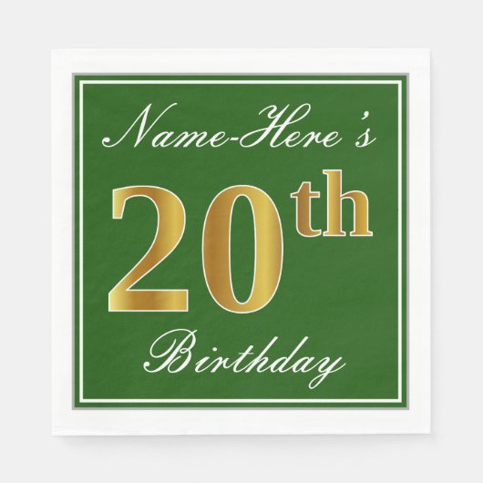 エレガント緑、フェイク金ゴールド20番目の誕生日+名前 スタンダードランチョンナプキン (正面)