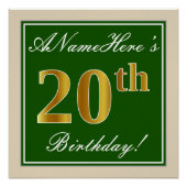 エレガント緑、フェイク金ゴールド20番目の誕生日+名前 ポスター (正面)