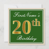 エレガント緑、フェイク金ゴールド20番目の誕生日+名前 招待状 (正面)