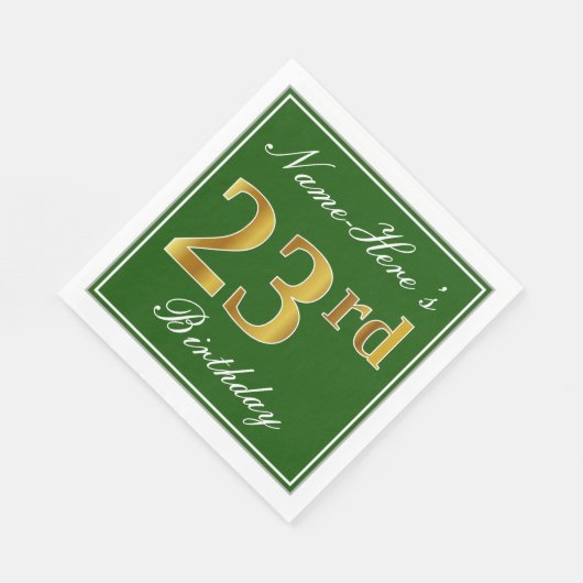 エレガント緑、フェイク金ゴールド23番目の誕生日+名前 スタンダードランチョンナプキン (角)