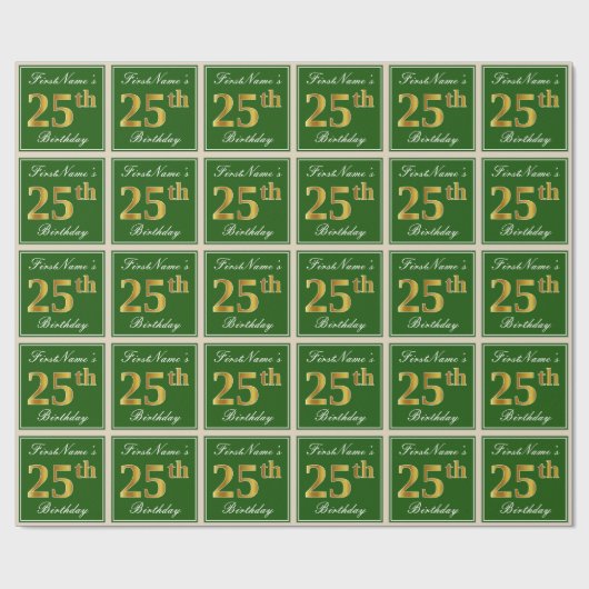 エレガント緑、フェイク金ゴールド25番目の誕生日+名前 ラッピングペーパー (フラット)