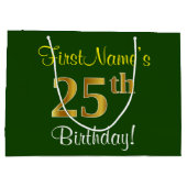 エレガント緑、フェイク金ゴールド25番目の誕生日+名前 ラージペーパーバッグ (裏面)
