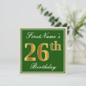 エレガント緑、フェイク金ゴールド26番目の誕生日+名前 招待状 (スタンド正面)