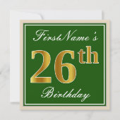 エレガント緑、フェイク金ゴールド26番目の誕生日+名前 招待状 (正面)