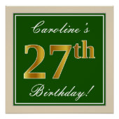 エレガント緑、フェイク金ゴールド27番目の誕生日+名前 ポスター (正面)