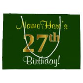 エレガント緑、フェイク金ゴールド27番目の誕生日+名前 ラージペーパーバッグ (裏面)