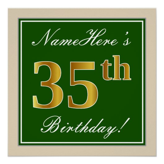 エレガント緑、フェイク金ゴールド35番目の誕生日+名前 ポスター (正面)