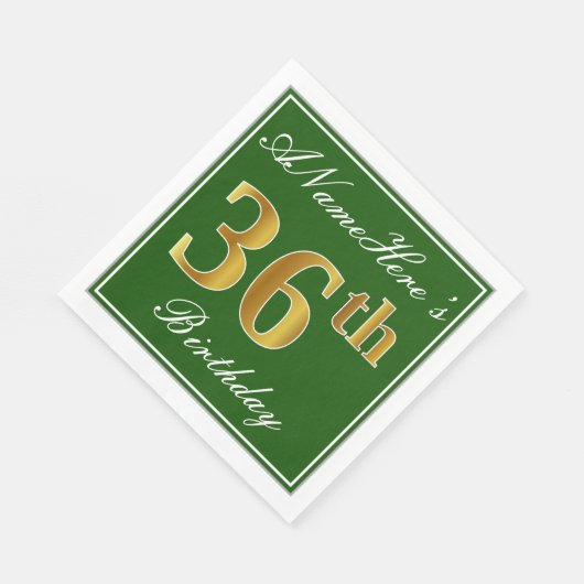 エレガント緑、フェイク金ゴールド36番目の誕生日+名前 スタンダードランチョンナプキン (角)