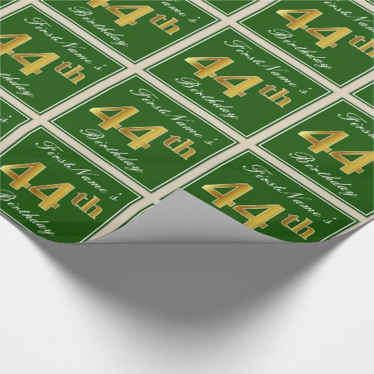 エレガント緑、フェイク金ゴールド44番目の誕生日+名前 ラッピングペーパー (角)