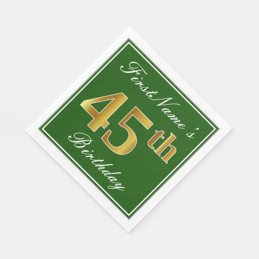エレガント緑、フェイク金ゴールド45番目の誕生日+名前 スタンダードランチョンナプキン (角)