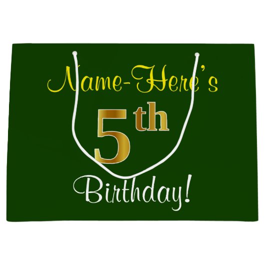 エレガント緑、フェイク金ゴールド5番目の誕生日+名前 ラージペーパーバッグ (正面)