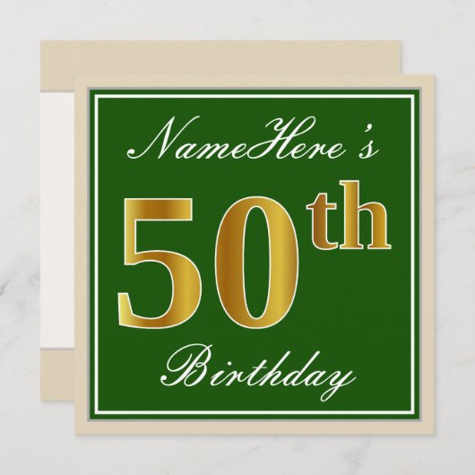 エレガント緑、フェイク金ゴールド50番目の誕生日+名前 招待状 (正面/裏面)