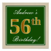エレガント緑、フェイク金ゴールド56番目の誕生日+名前 ポスター (正面)