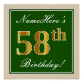 エレガント緑、フェイク金ゴールド58番目の誕生日+名前 ポスター (正面)